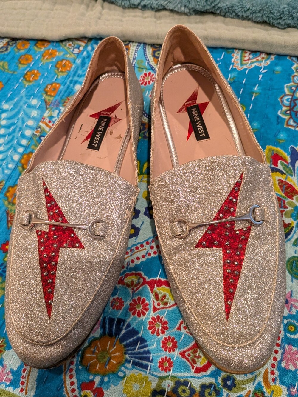 Nine West Glitter Loafers with Red Lightning Detail - 10